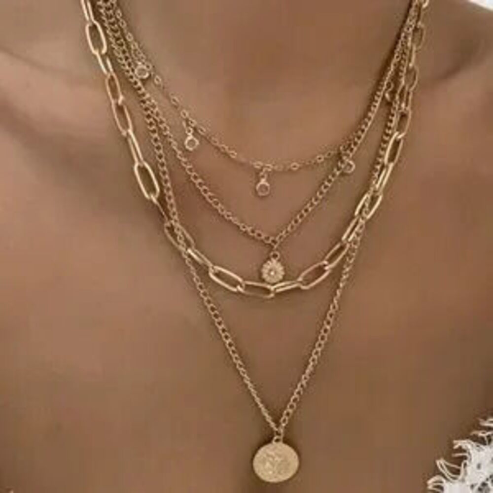 Multilayer Pendant Chain Necklace Set Boho Layered Gold Tone - Picture 4 of 5